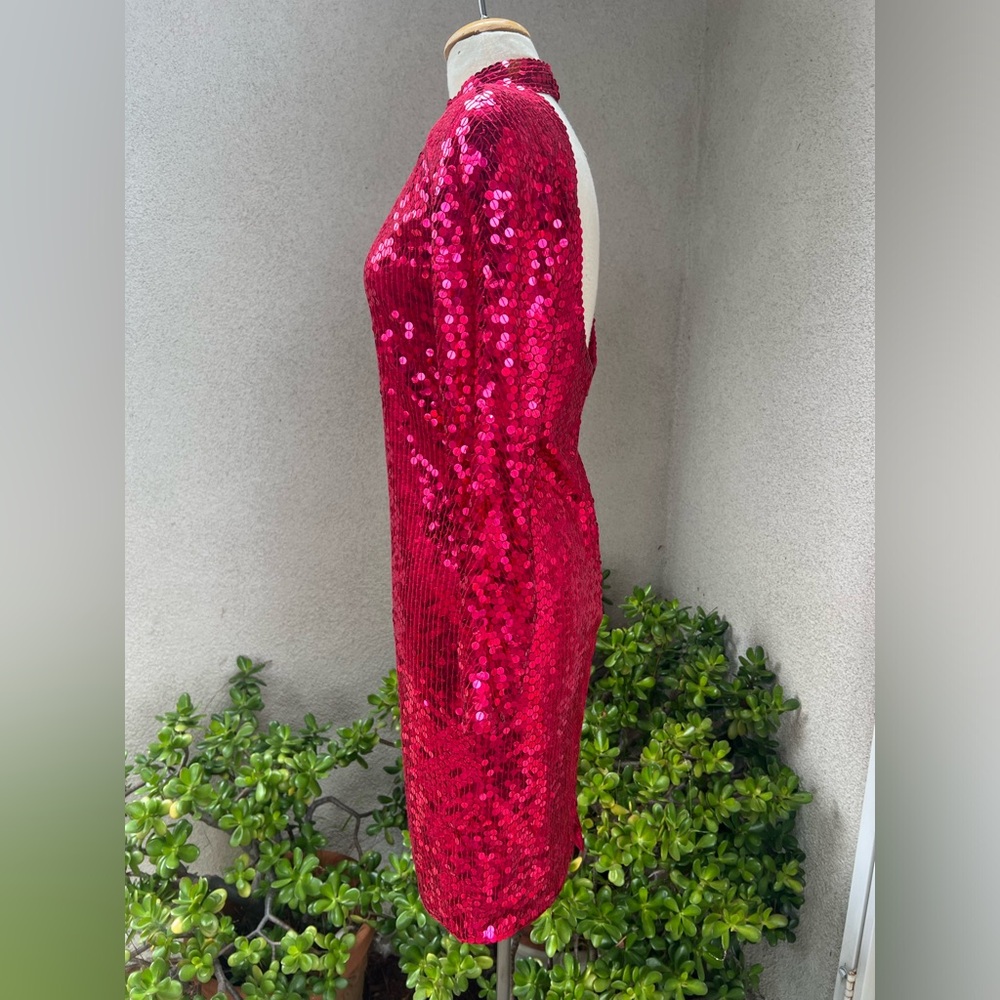 Vintage Disco Dress Ruby Red Sequins Keyhole Back… - image 7
